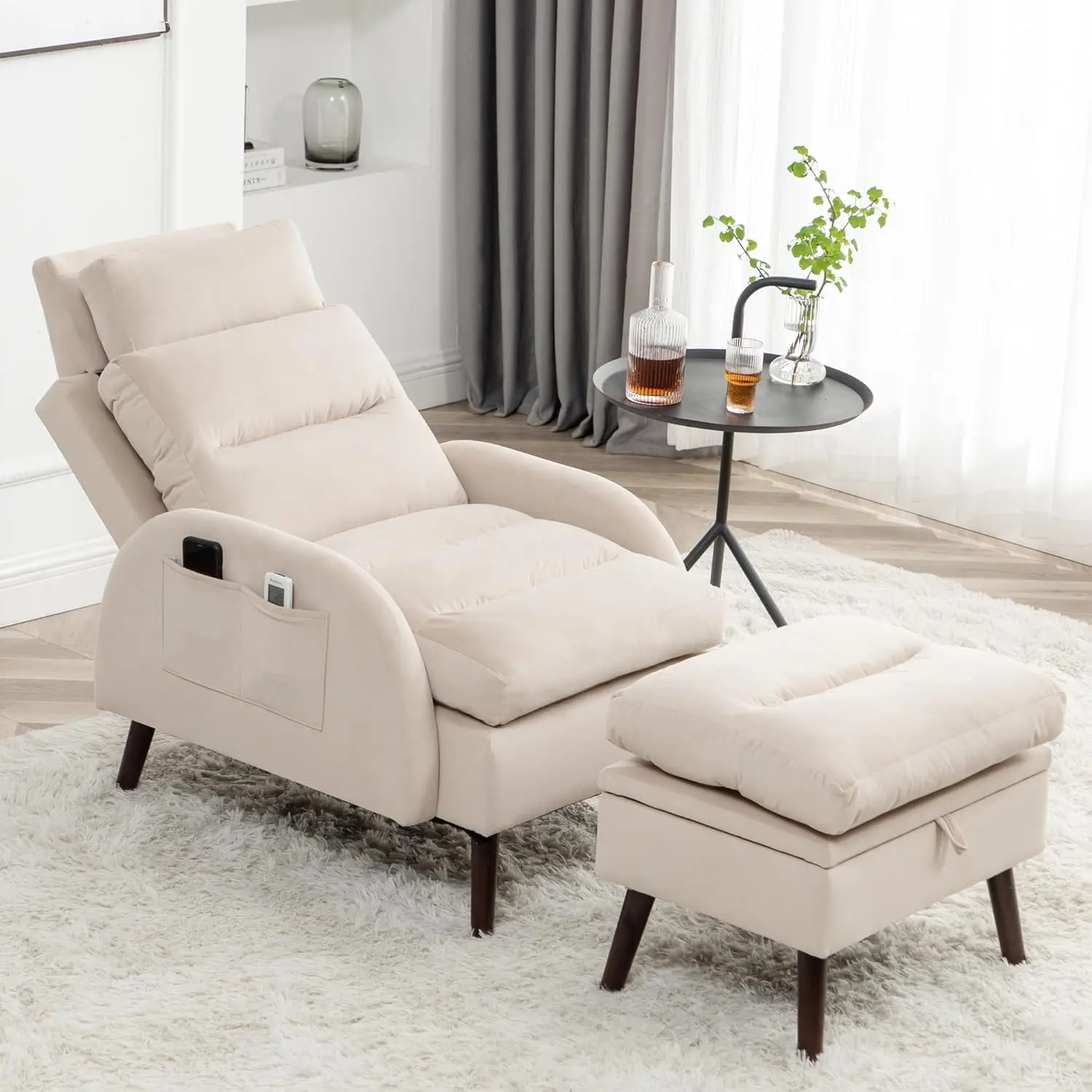 Morden Oversized Velvet Lounge Armchair and Ottoman Set with Adjustable Backrest for Living Room Bedroom, Velvet Khaki