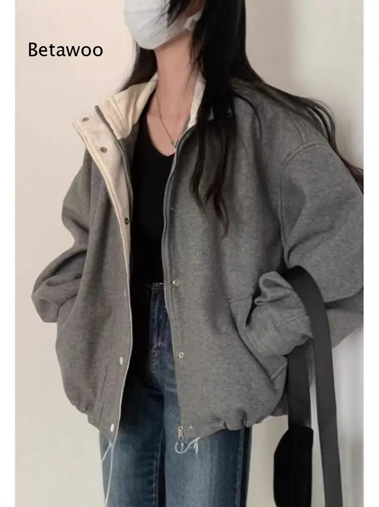 Loose Fit Fake Two Layer Hooded Outer Coat For Women Zip And Snap Button Design Long Sleeve Jacket For Street Style Looks