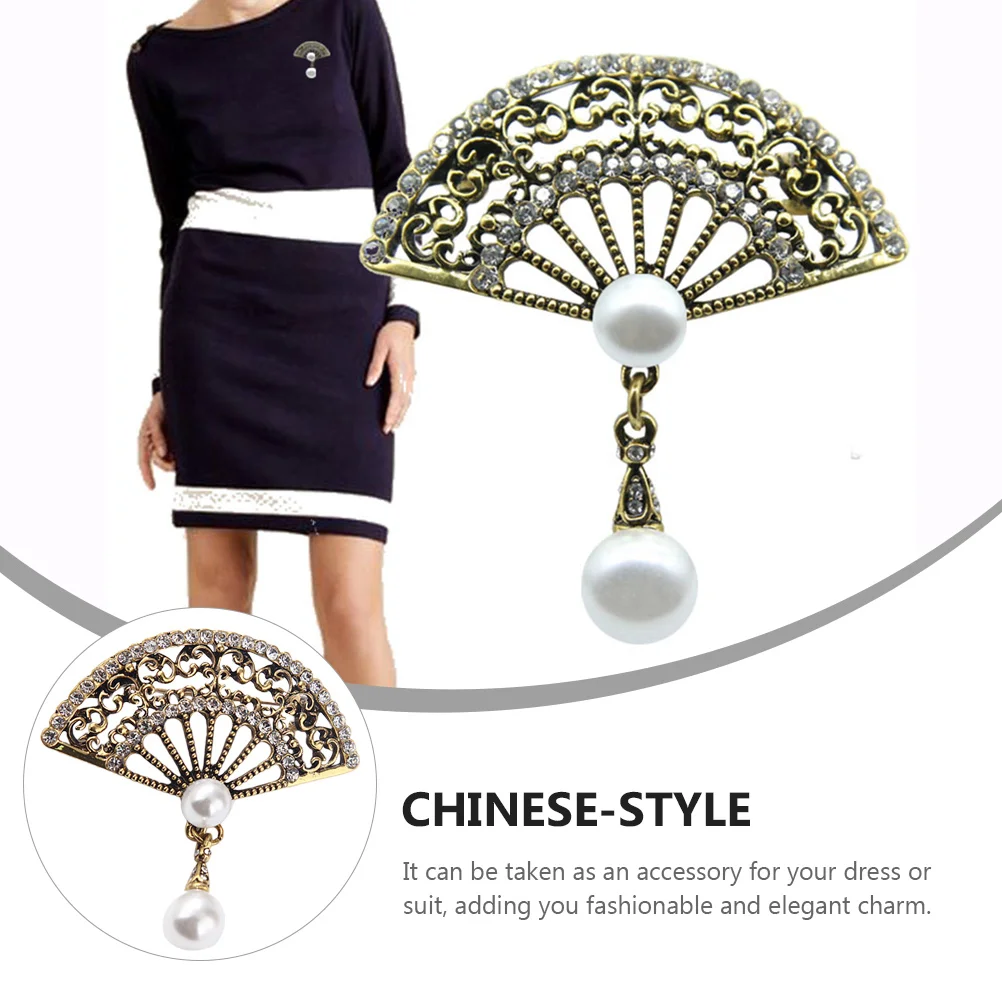 

2 pcs Retro Fan Brooches Chinese Style Elegant Dress Suit Accessory Vintage Fashionable Pin For Party Wedding Daily Wear