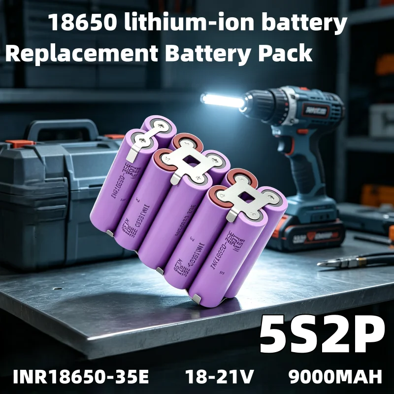 Batteria ad alta capacità 9000mAh 18V-21V 5S2P 18650 a bassa autoscarica, saldatura stabile del nichel per utensili elettrici a batteria 18V