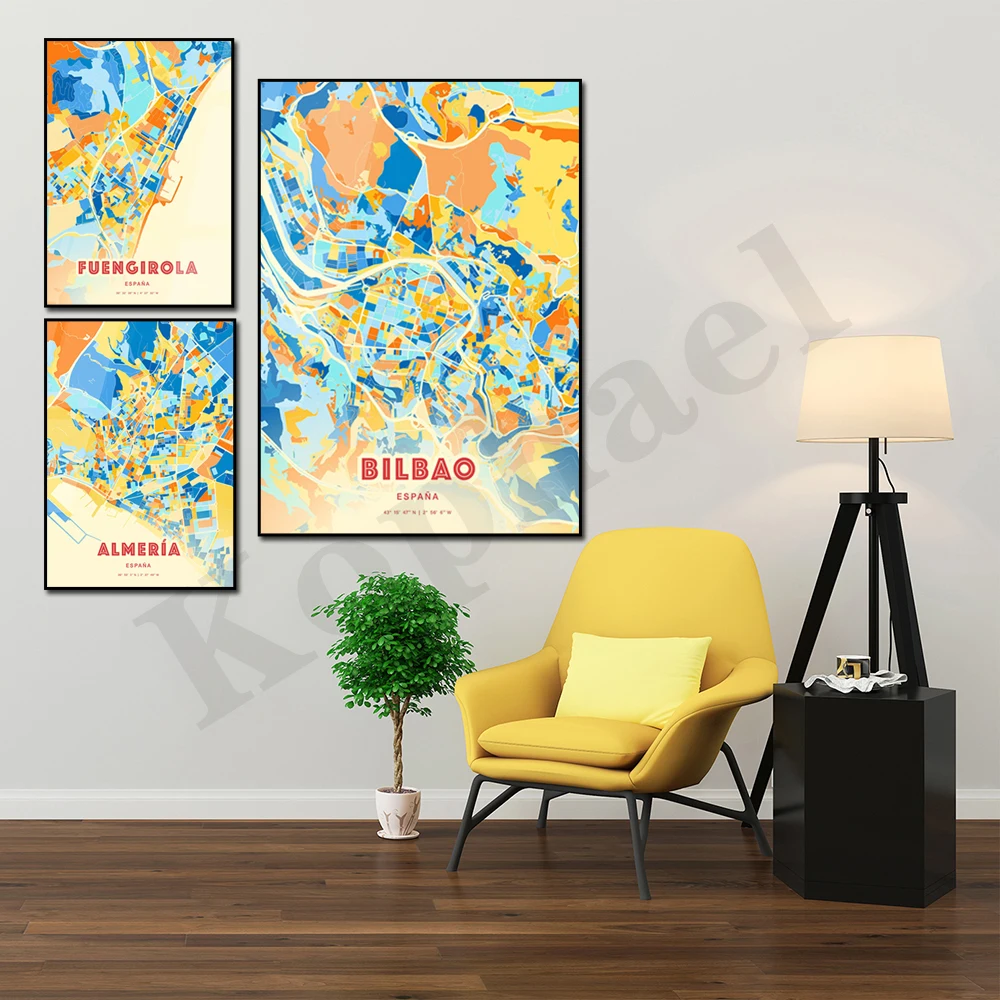 Gran Canaria, España. Fuengirola. Madrid. Vigo. Torrevieja. Almeria. Alicante. Bilbao. Mapa de colores de ciudad. Decoración de pared. Póster