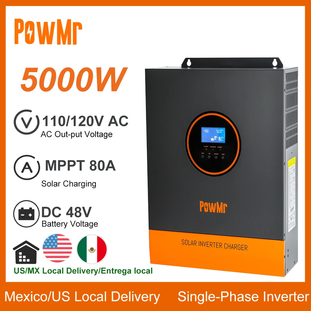 PowMr Single Phase 5000W Solar Hybrid Inverter 110V/120VAC Output Pure Sine Wave DC 48V with 80A MPPT Solar Charge Controller