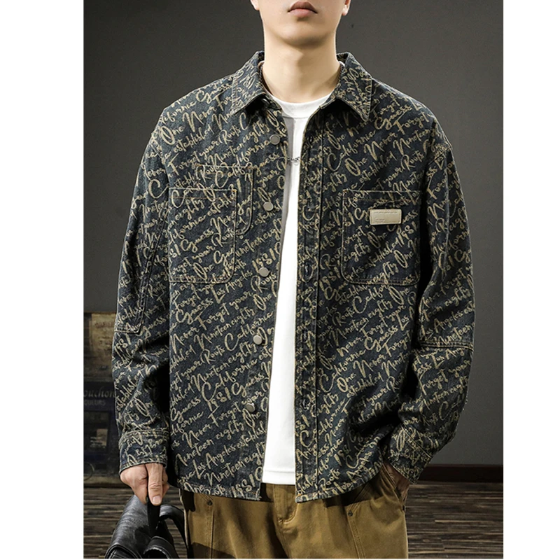 Spring and autumn new jacquard denim shirt men washed lapel coat thin casual shirt jacket trend