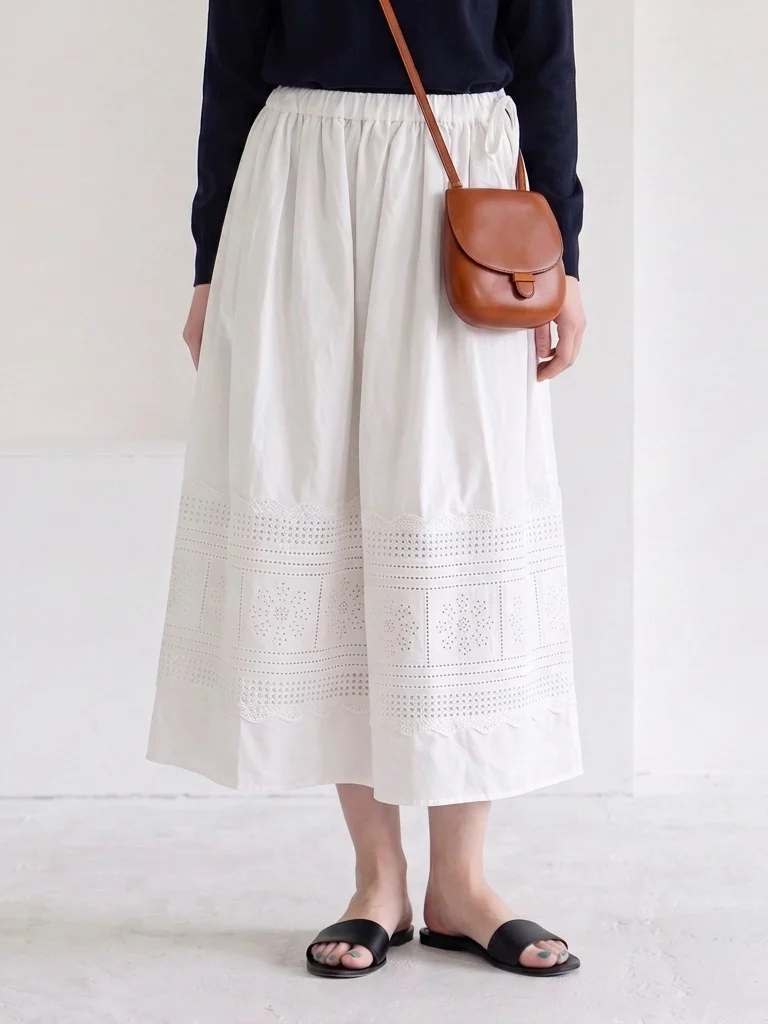Embroidered Hollow out Floral A-Line Midi Skirt Elastic Waist Design Sensual Hollow Carving Cotton Ladies Mid-Length Skirt