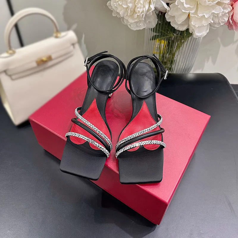 

Summer New Fashionable Leather Water Diamond High Heels, Sexy Women's Sandals, Square Headed Side Open Toe, Square Heel Buckle