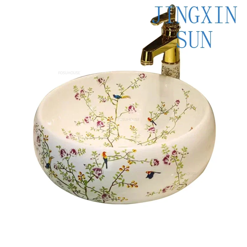 European Ceramic Wash Basin American Art Bathroom Sinks Retro Home Round Single Basin Balcony Toilet Creative Hand Painted Basin