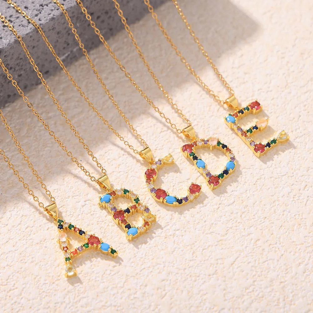 Hot Sale Rainbow Color Initial CZ Necklace Charm Letter Pendant Name Jewelry Women Accessories Fine Party Birthday Gift