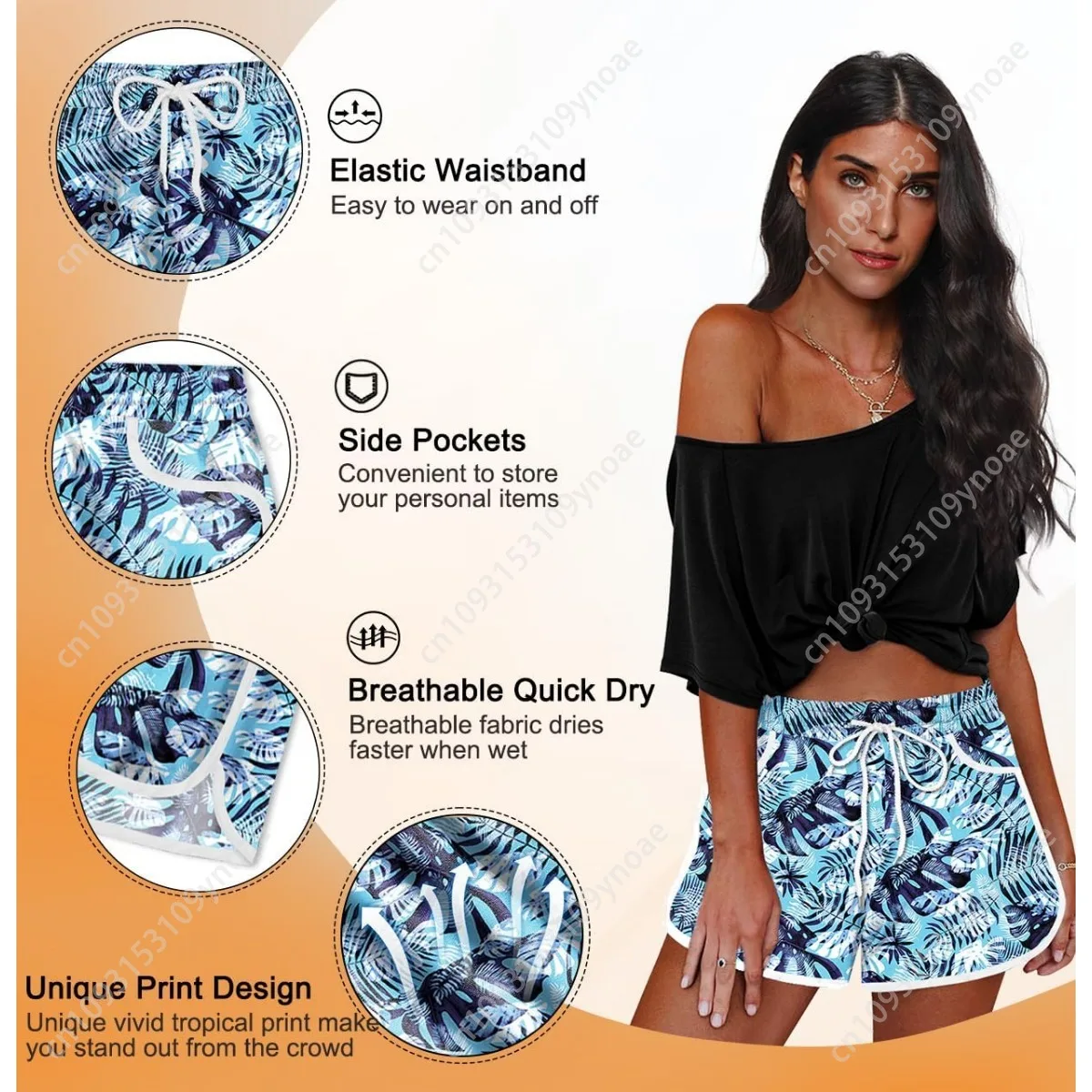 Tropical Palm Leaf Print Shorts Sexy Women Surf Scanties Seaside Drawstring Pants Beach Panties Casual with Pockets Fashion
