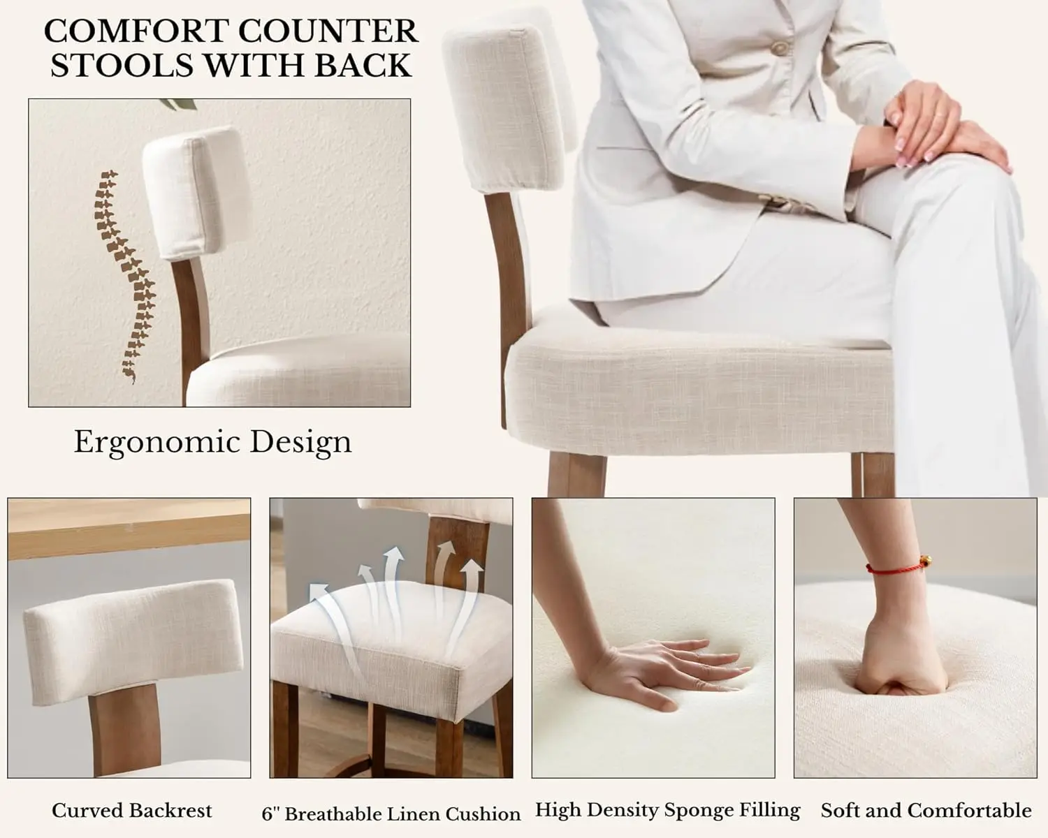 مجموعة مقاعد بار طويلة جدًا مقاس 30 بوصة مكونة من قطعتين، ومقاعد مضادة بدون ظهر من الخشب الريفي الحديث، ومنجدة من الكتان البيج، وكراسي جزيرة المطبخ