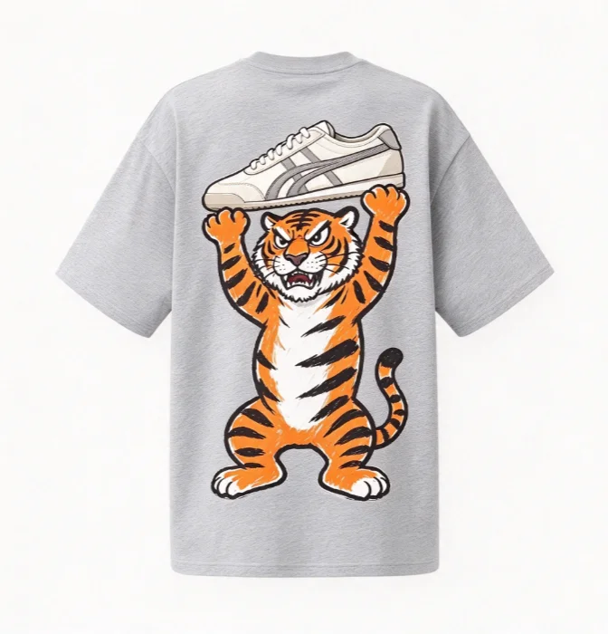 2026 new Cartoon Tiger Holding Sneaker Back Print Graphic T-shirt Men Black Short Sleeve Unisex Street Top