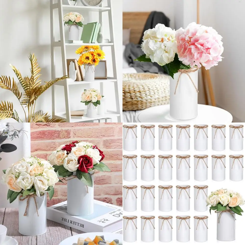 

Vintage Rustic Galvanized Metal Flower Vases with Twine Bow, Set of 24 White DIY Table Decor