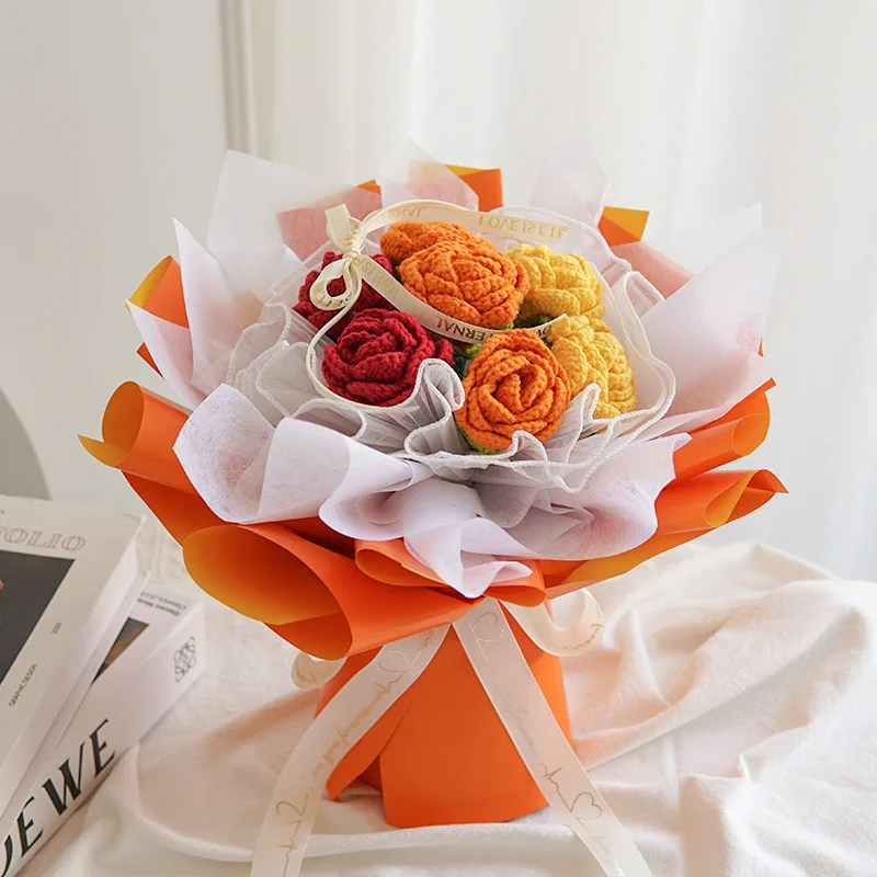 

7 Purple Yellow Hand-woven Imitation Rose Flower Finished Lover Gift Bouquet Hand-held Roses Wool Knitted Eternal Flower