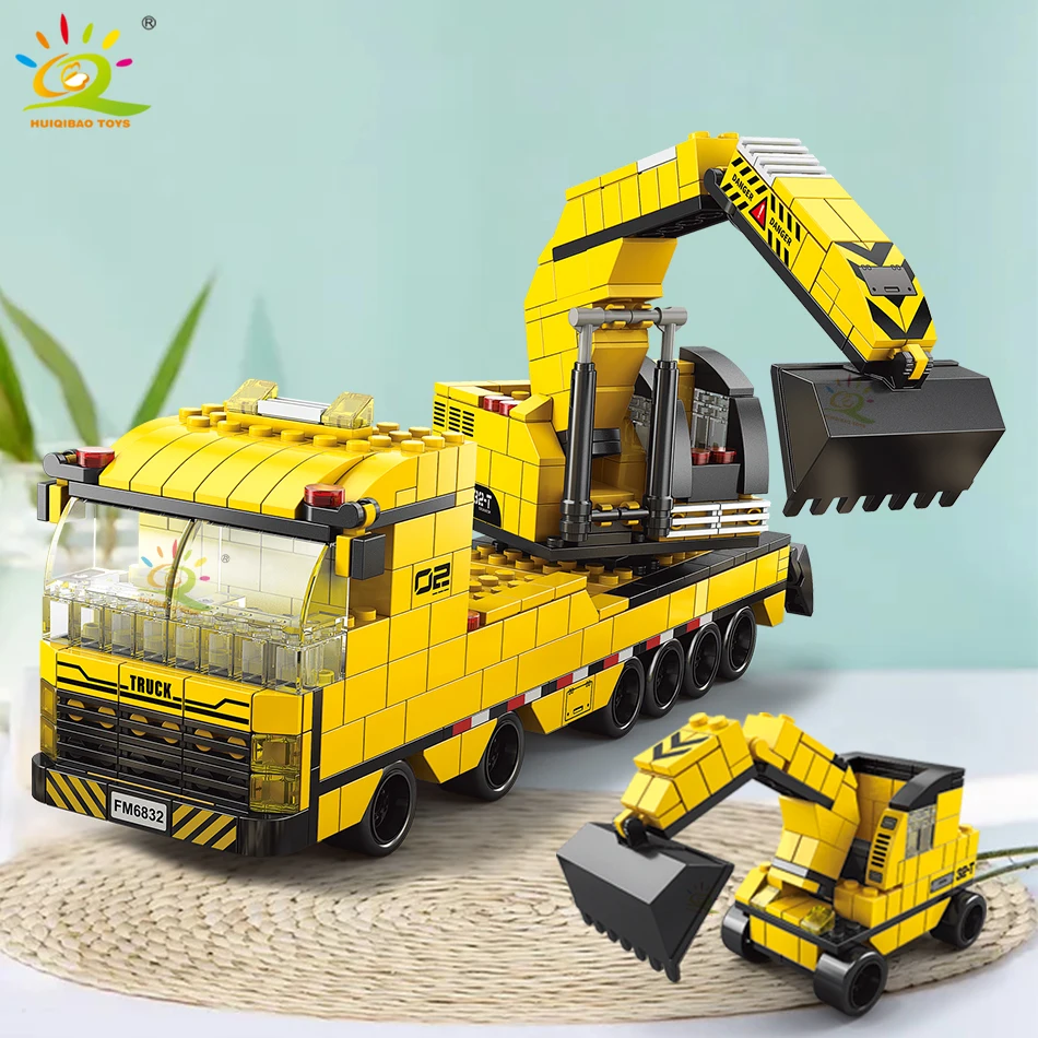 HUIQIBAO 1000pcs 6in1 Engineering Crane Truck Building Blocks City Construction Bricks Bulldozer Car Set For Children Kids TOYS