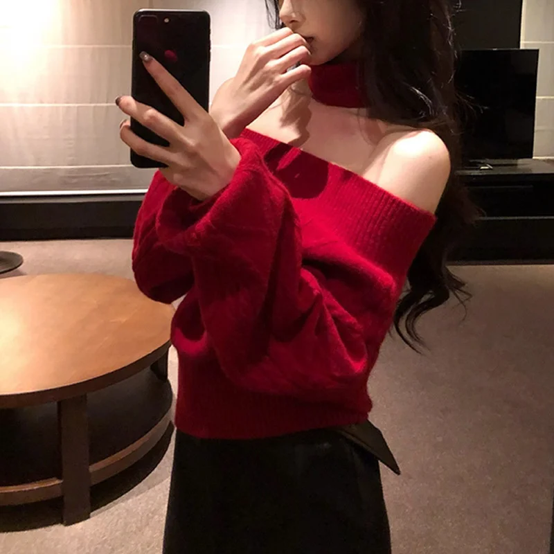 Autumn Winter Women Off Shoulder Turtleneck Sweater Cable Knit Slim Pullover Long Sleeve Soft Warm Jumper Korean Knitwear Top