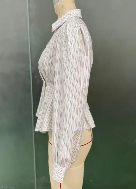 Woman Blouse 2026 New Spring Autumn Fashion Striped Temperament Turn-Down Collar Long Sleeved Waist Cinched Casual Shirt