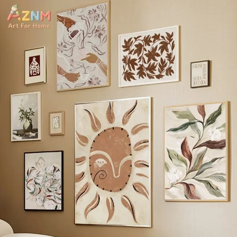 AZNM Neutral Boho Abstract Canvas Print Terracotta Sun Face Leaf Floral Hand Coffee Line Art Earth Tone Minimalist Wall Poster U