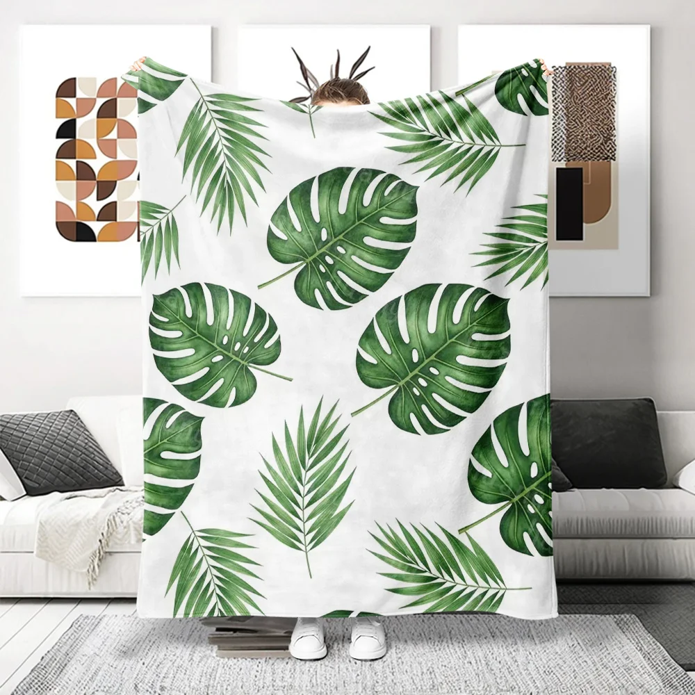 1pc Tropical Plant Leaf Pattern Flannel Blanket, All-Season Nap Blanket, White Background Easy Soft Sofa Blanket, Bedding Blanke