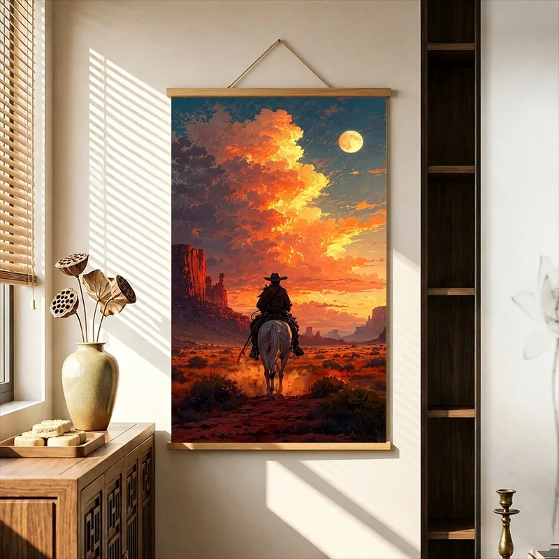 Rustic Earth Tone Pearlescent Canvas Wall Decor Wild Desert Travel Adventure Hanging Scroll for Vacation Villa