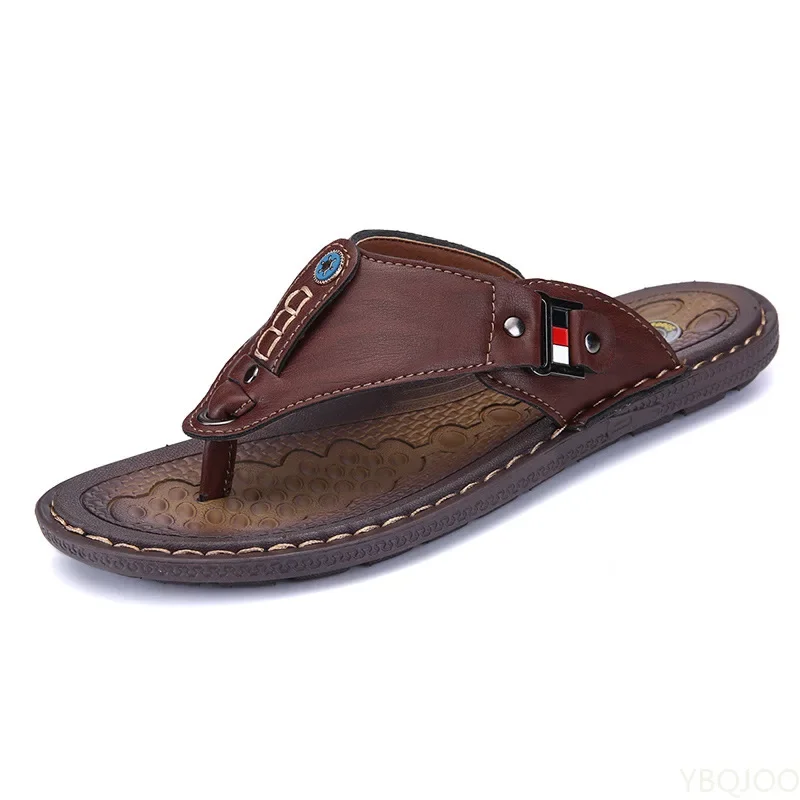 2022 Summer Beach Men Flip Flops Pu Leather Slippers Male Flats Sandals outdoor Rubber Thong Beach Shoes Men Leather Brand New