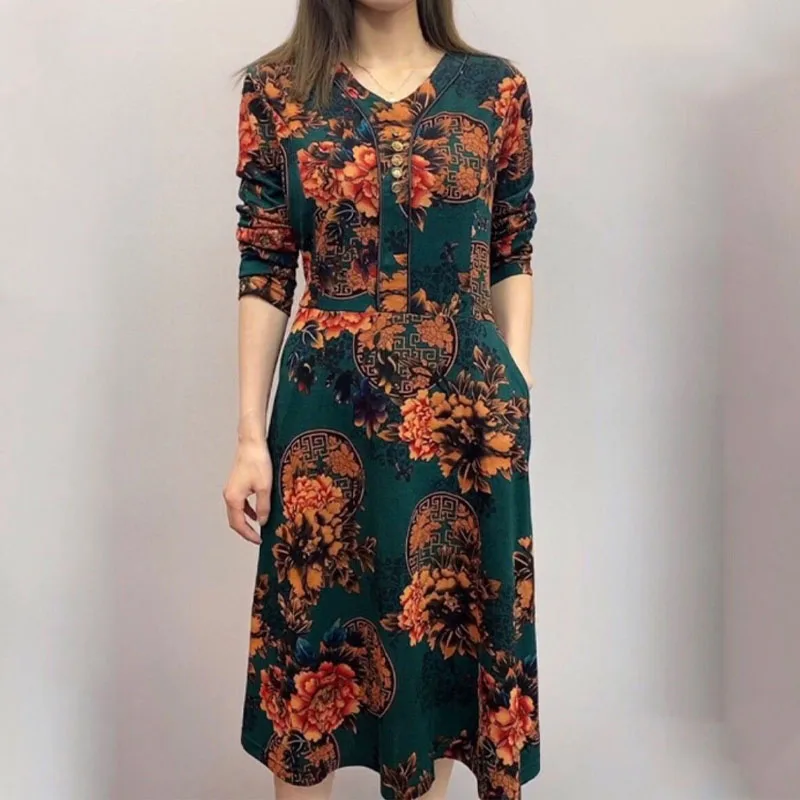 Fashion V-Neck Printed Female Midi Dress Spring New Women\'s Clothing Long Sleeve Elegant Vintage Button Spliced Loose Dresses