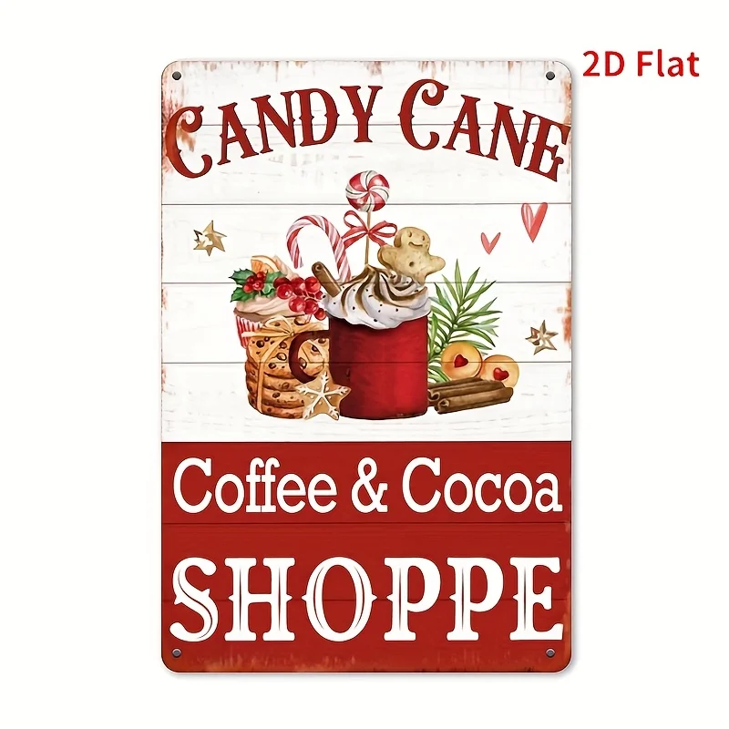 2D Flat, 2D Flat, 2D Flat Printing, Vintage Christmas Metal Sign Featuring a Candy Cane Coffee And Cocoa Shop Logo, Fun Christma