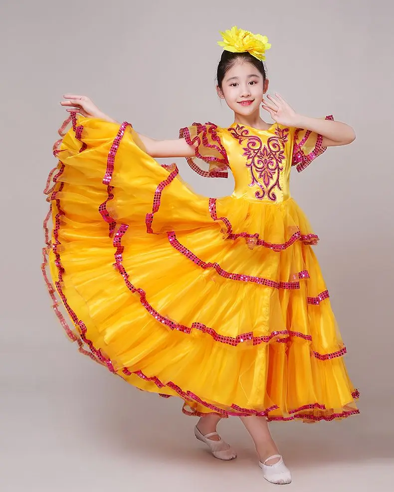 Traje espanhol desempenho menina flamenco vestido de dança de salão saia para meninas criança dança estudante vestidos trajes para crianças