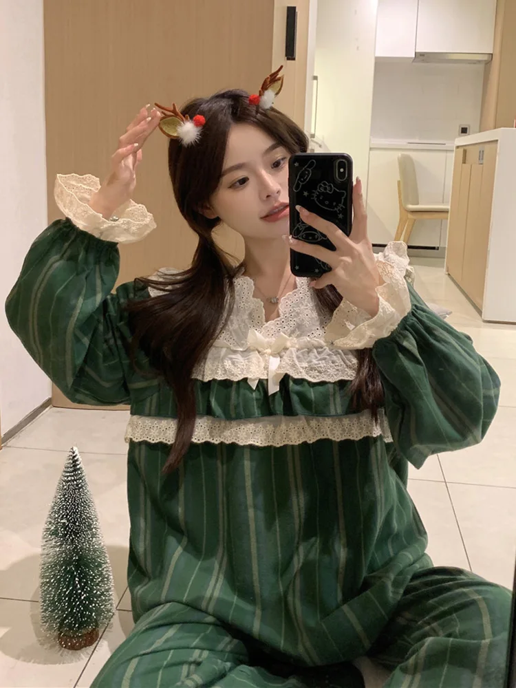 

Lace New Christmas Green Cotton Warm Thicken Cute Stripe Long Sleeve Pajama Set Women Winter Korean Princess Casual Sleepwear