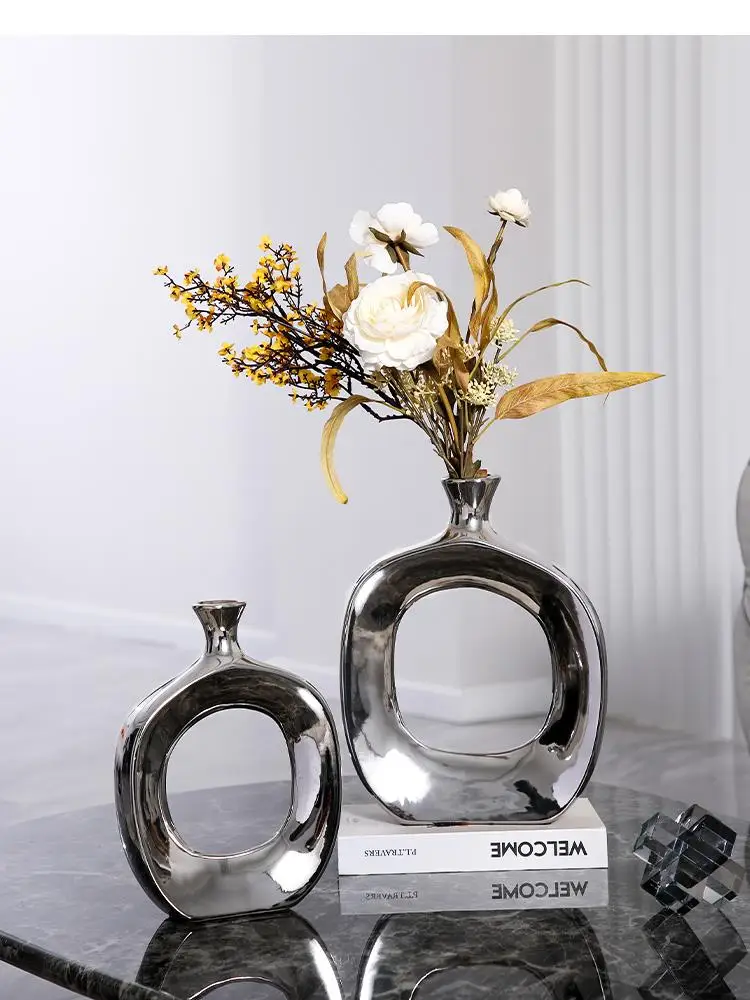 Modern Ceramic Vase Hollow Out Silver Flower Arrangement Accessories Golden Home Decoration Wedding