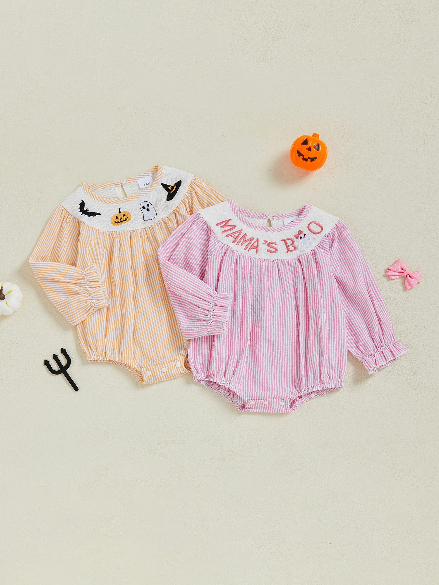 

Комбинезон с нашивкой тыквы для малышей на Хэллоуин, шляпа ведьмы, вышивкой и рюшами на рукавах, комбинезон с круглым вырезом и пузырьками