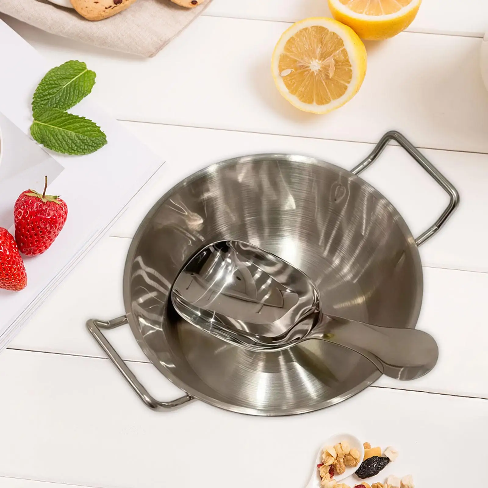 Stainless Steel Bowl with Spoon Double Ear Sauce Dish for Sauces Salad Fruit