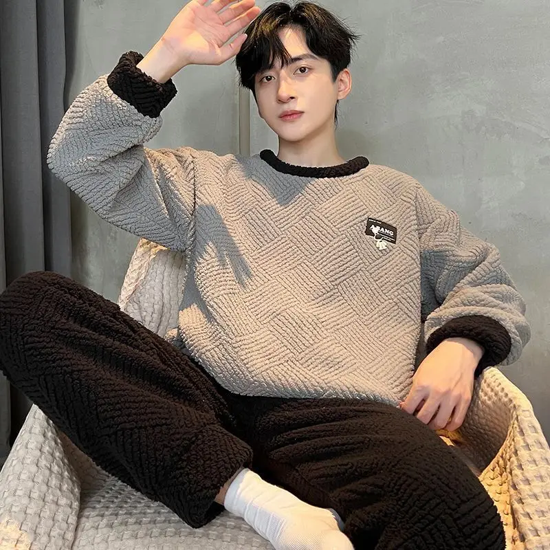 

2025 Winter Long Sleeve Thick Warm Flannel Pajama Sets For Men Korean Loose Coral Velvet Sleepwear Pyjama Homewear Home Clothes