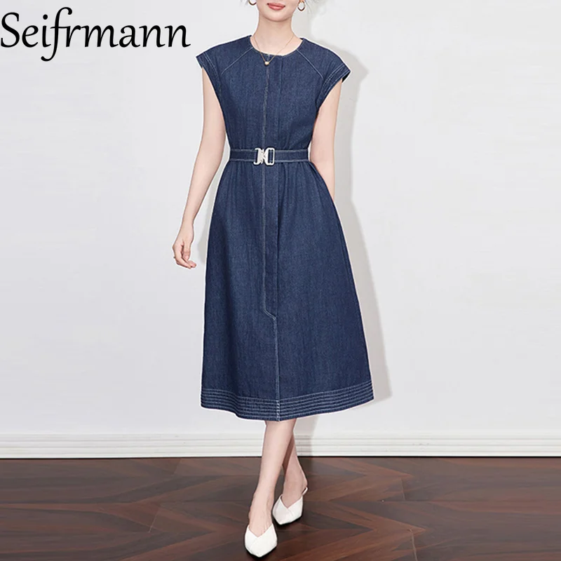 

Seifrmann Fashion design Women's Casual Dress Round neck sleeveless Denim Lace-Up Single Breasted Elegant Party Dresses