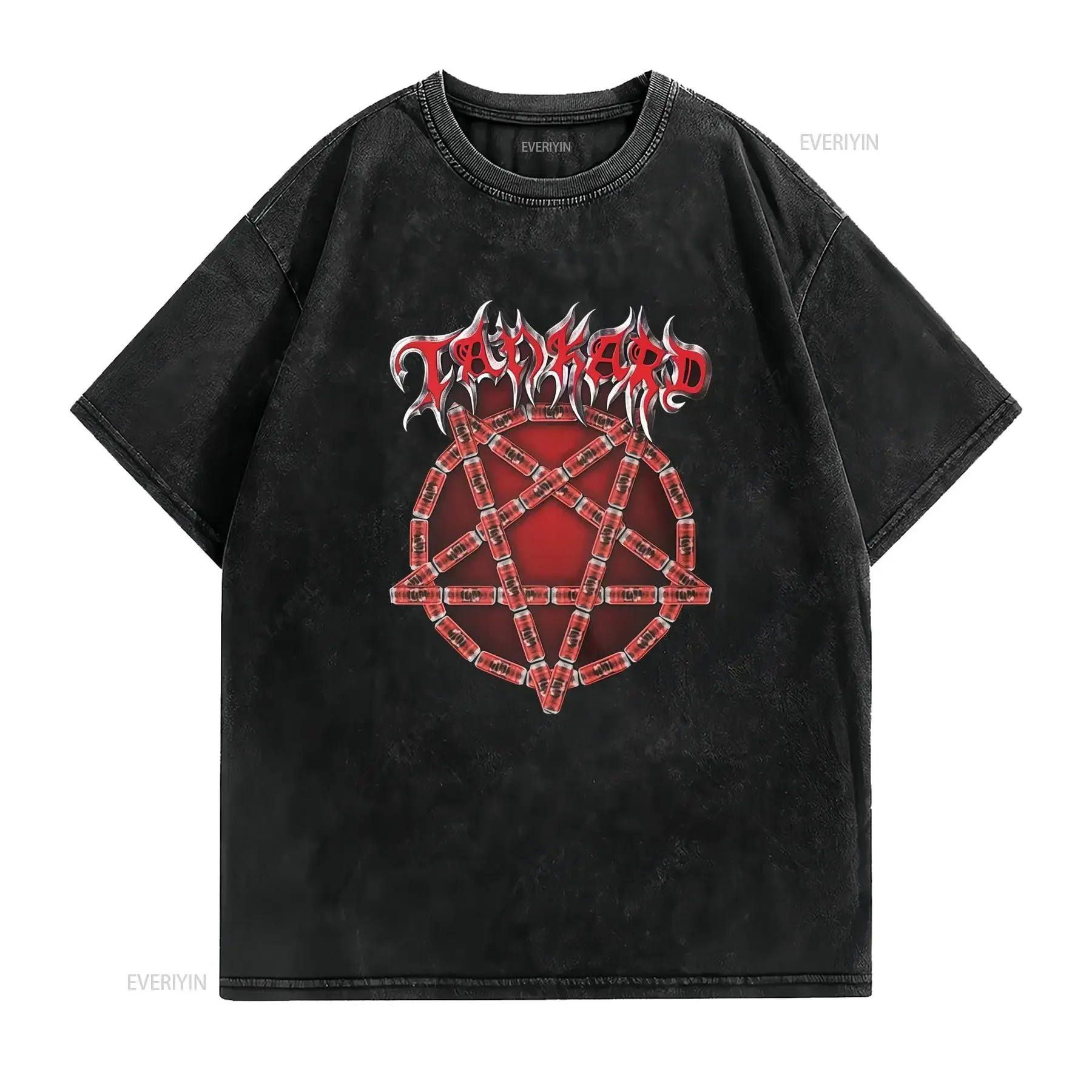 Gothic Heavy Metal Beer Can Pentagram Print Cool Casual T Shirt vintage Washed graphic Breathable Versatile Slightly fashion