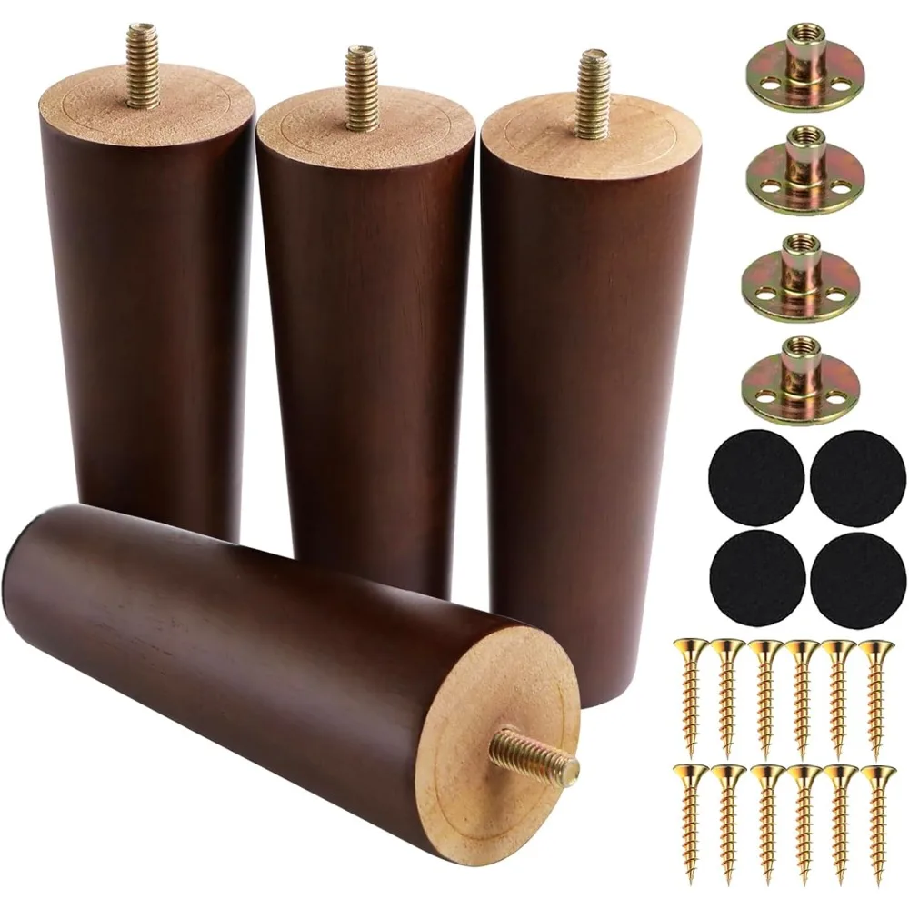 

6 Inches Round Solid Wood Furniture Legs Set of 4, Brown Wooden Replacement Feet with Threaded 5/16'' Hanger Bolts for Sofa, Cou
