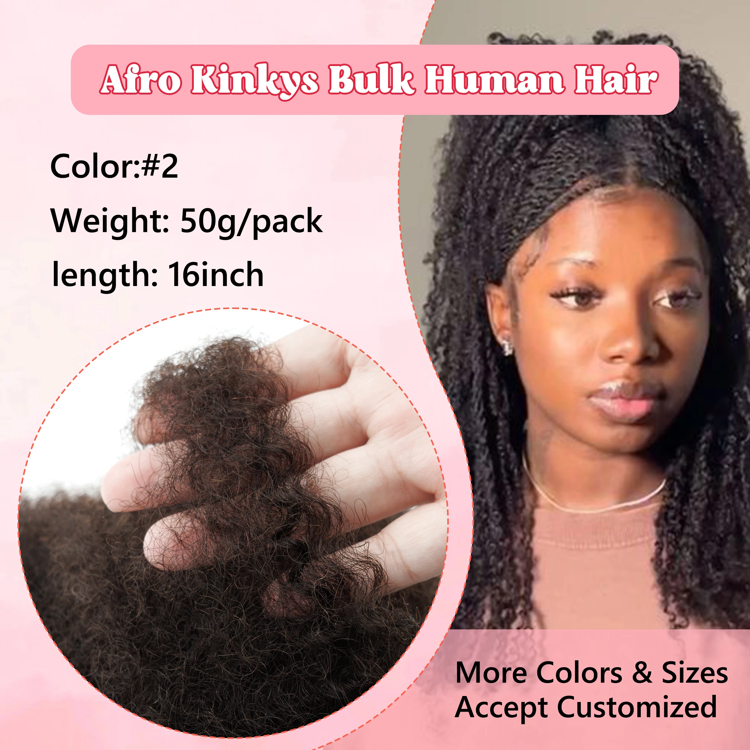 8-20Inch Lightweight 50g #2 Colors Afro Kinky Bulk Braiding Hair Extensions for African Braids & Casual Wear