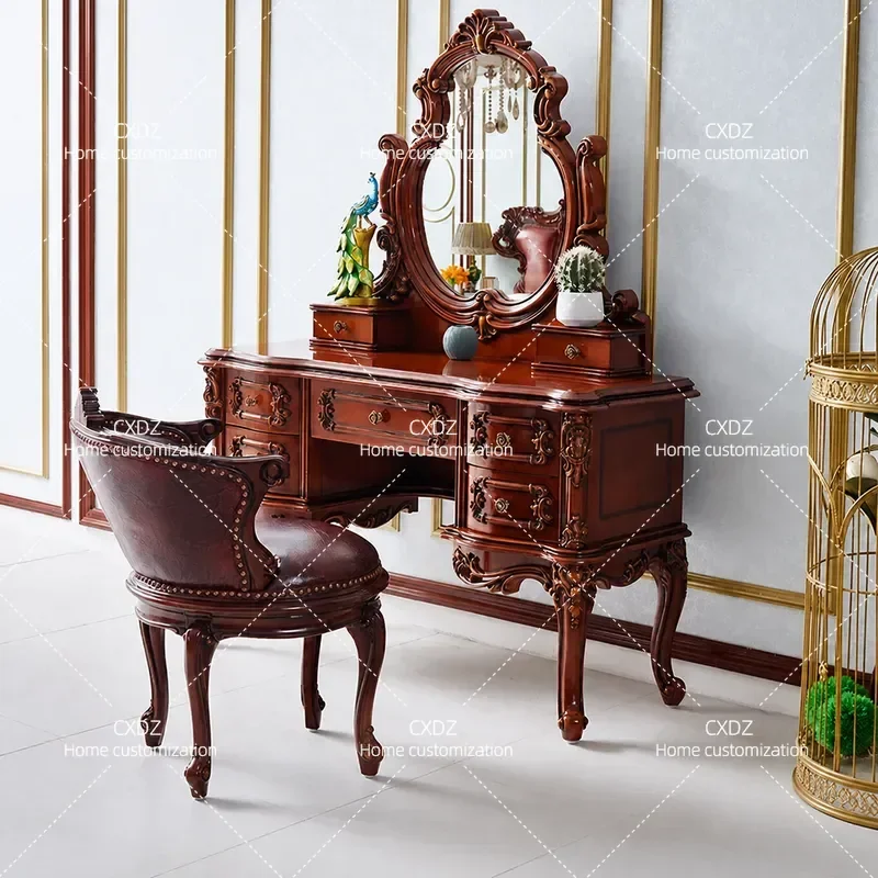 European dressing table solid wood carving flower bedroom dressing table beauty mirror storage rack villa princess dressing