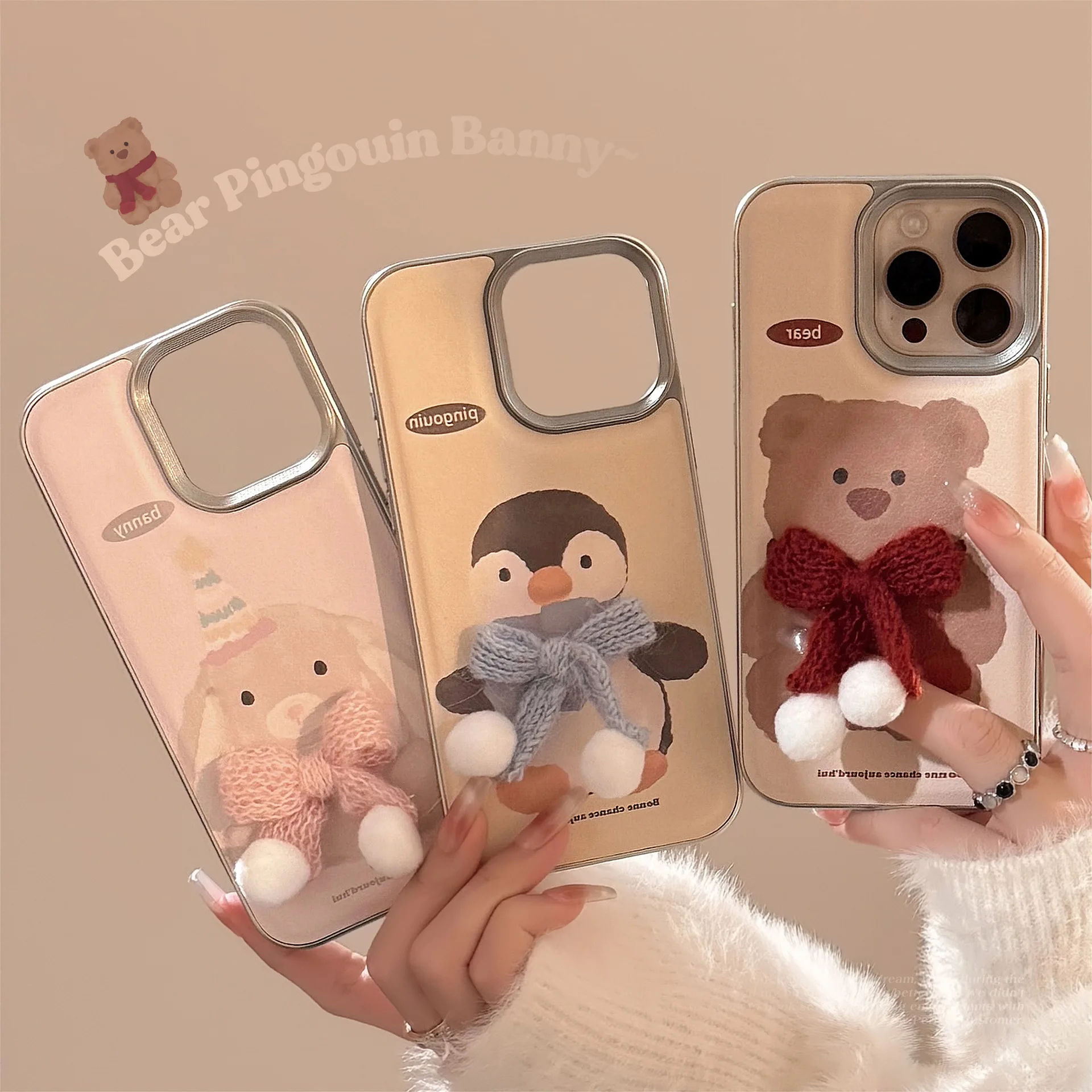 2025 happy 3D bow animal bear bunny leather shell for iphone 11 12 13 promax 14 15 plus 16 pro max cartoon phone case