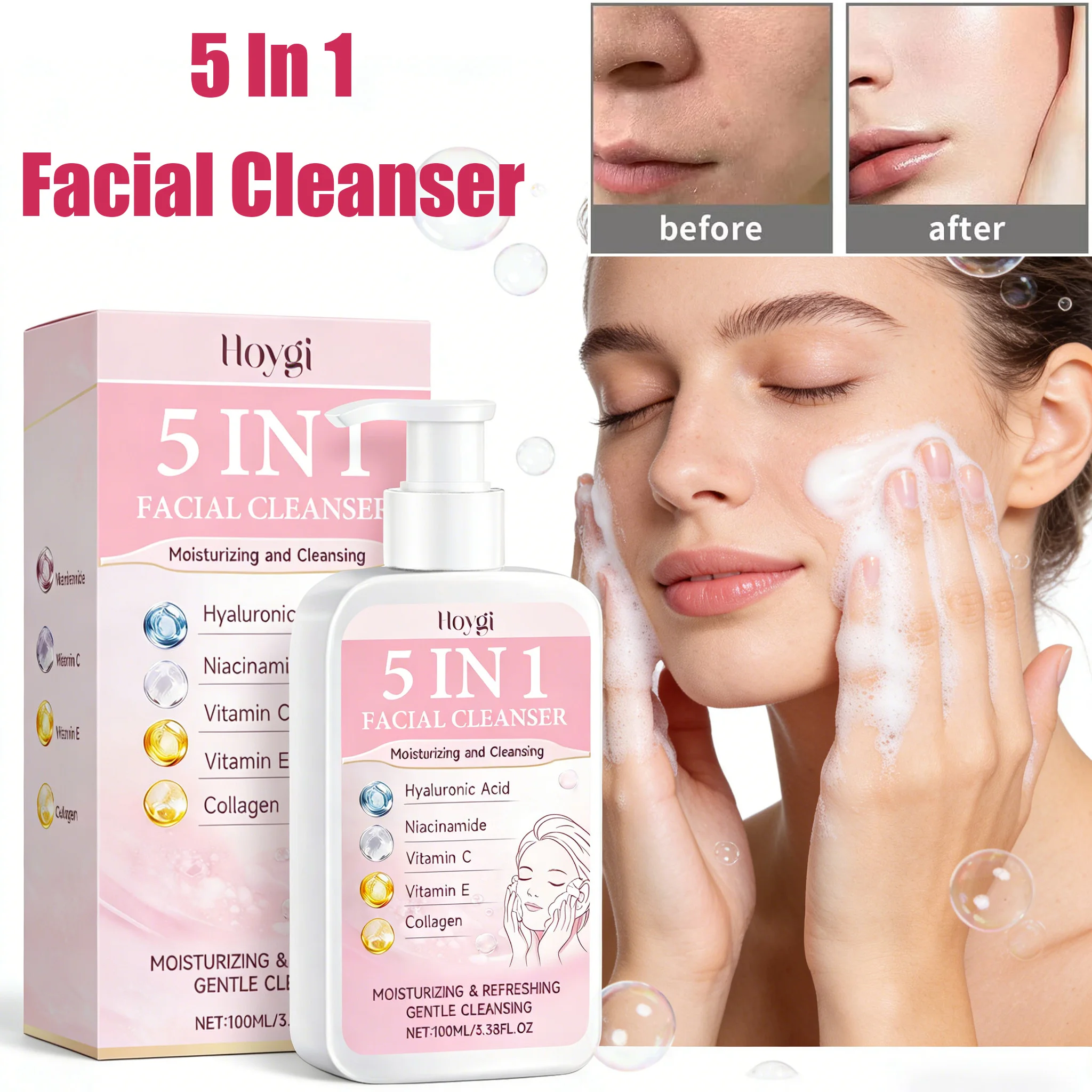 5 in 1 Moisturizing Facial Cleanser Refreshed Cleansing Makeup Remover Brightening Hydrating Light Texture Rich Foam Cleanser