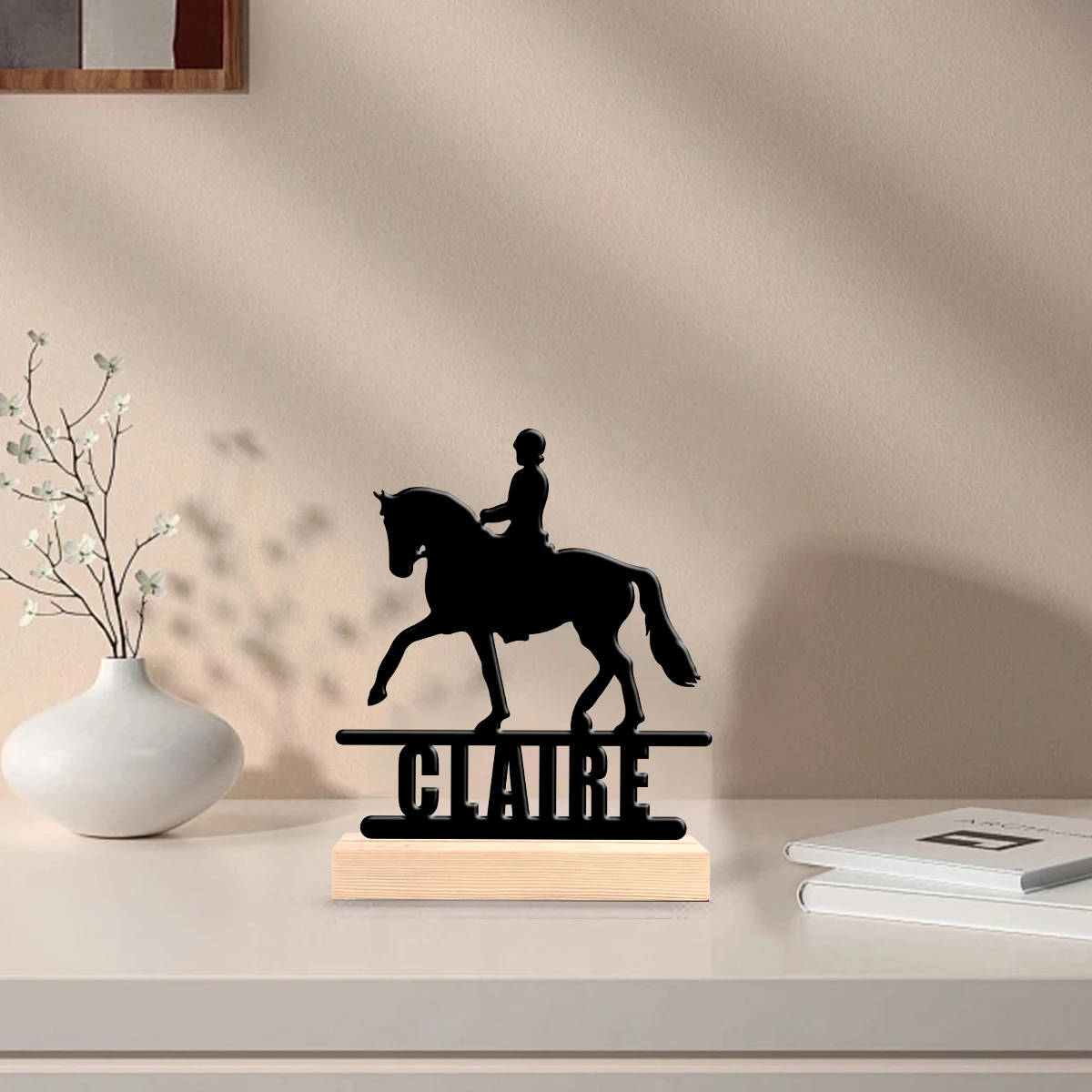 1Pc Custom Ridding Horse Wooden Base Metal Ornament,Home Room Desktop Decor,Valentine Wedding Birthday Gift for Family Friends - view 6
