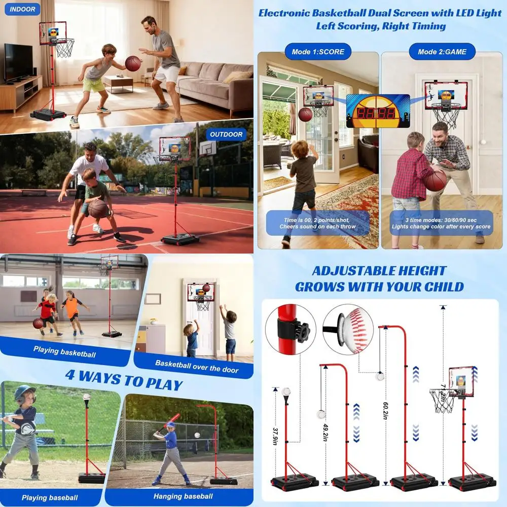 

Универсальный набор для баскетбола и тейбола для детей: регулируемая стойка, идеально подходит для возраста 2-8 лет, для игр в помещении и на улице