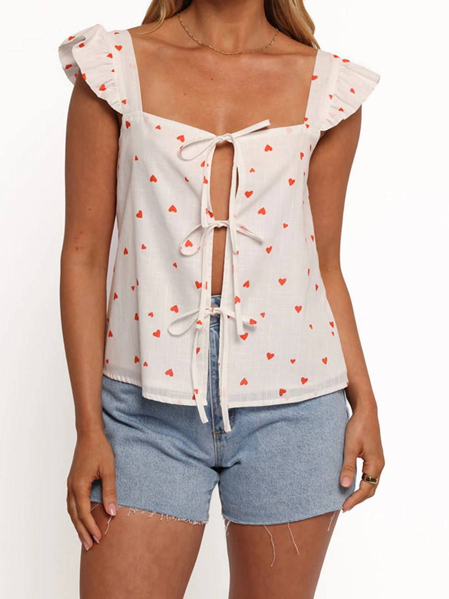 

GuliriFei женские повседневные рубашки с принтом сердца/однотонные блузки с рукавами-крылышками и завязками спереди, летние модные топы