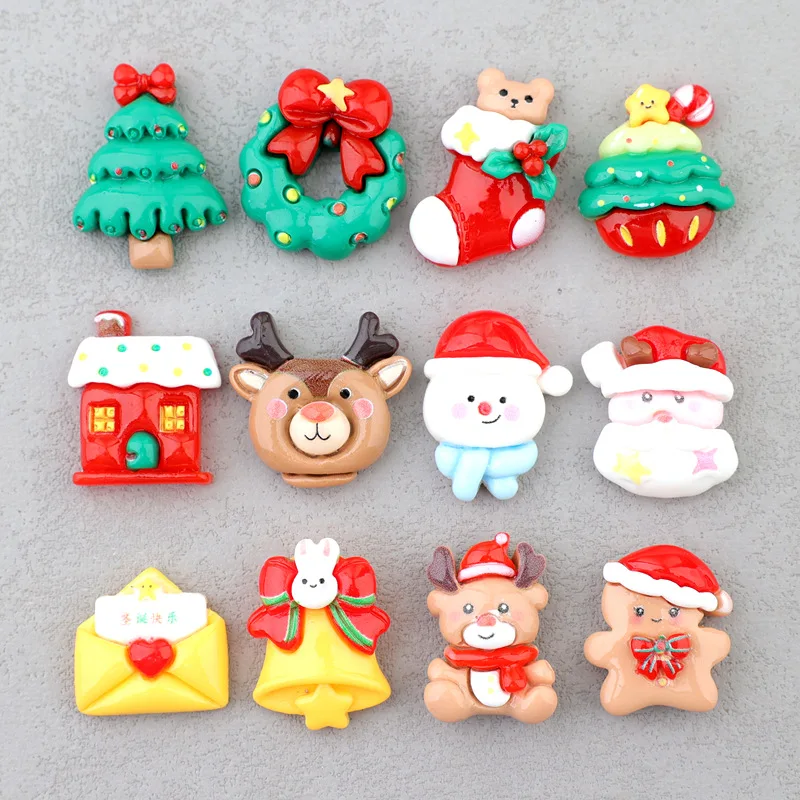 20pcs Kawaii Christmas Collection Resin Miniature Art Supply Flatback Cabochon DIY hai Bow Center Scrapbooking Santa Snowman