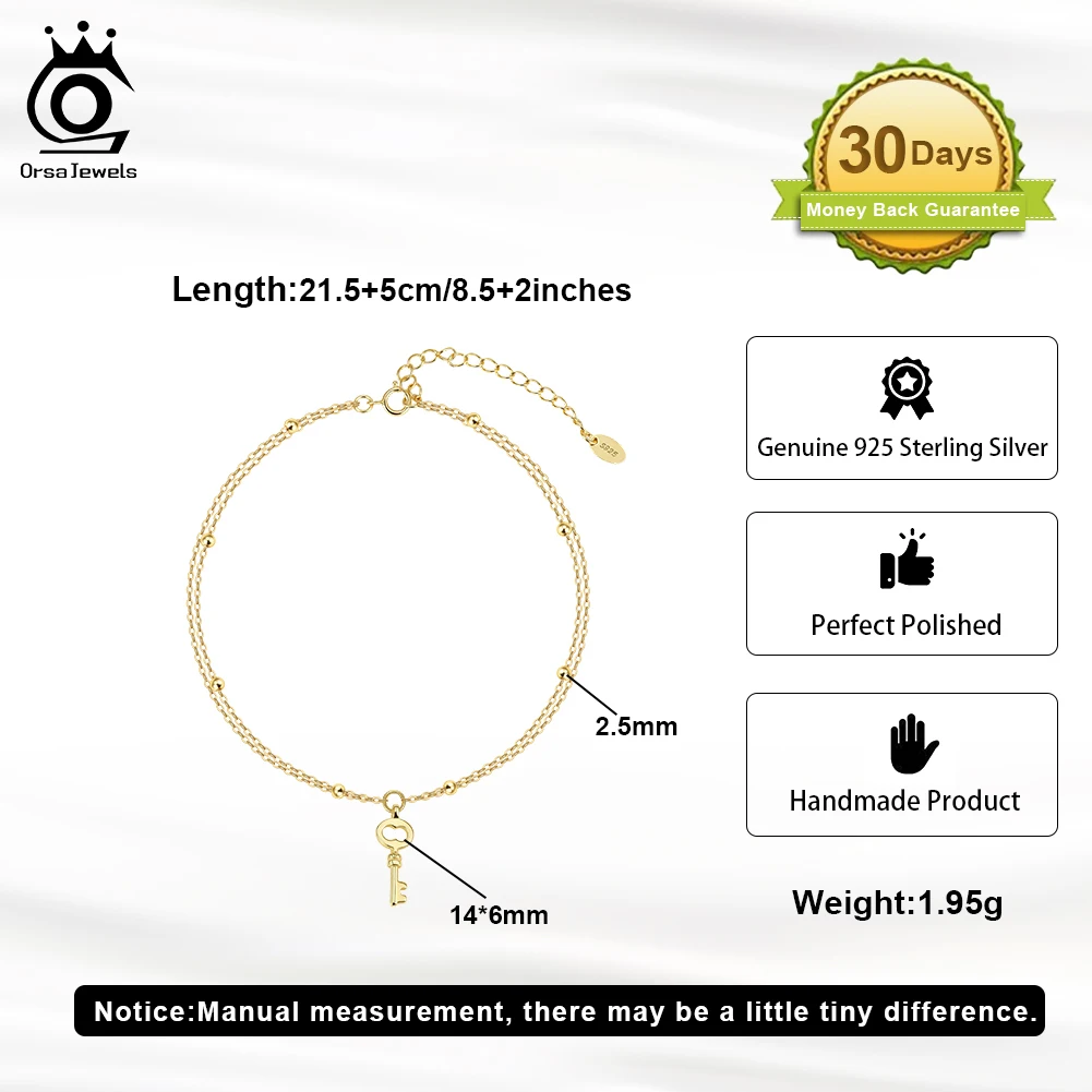 ORSA JEWELS Elegant Layered S925 Silver Satellite Anklet with Key Pendant for Women Summer Foot Chain Straps Jewelry SA102