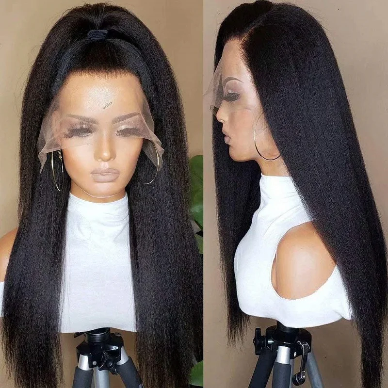 Kinky Straight Soft Glueless Lace Frontal Wig para Mulheres Negras, 26 "Long Black Yaki Cabelo Do Bebê, Preplucked, Daily Cosplay