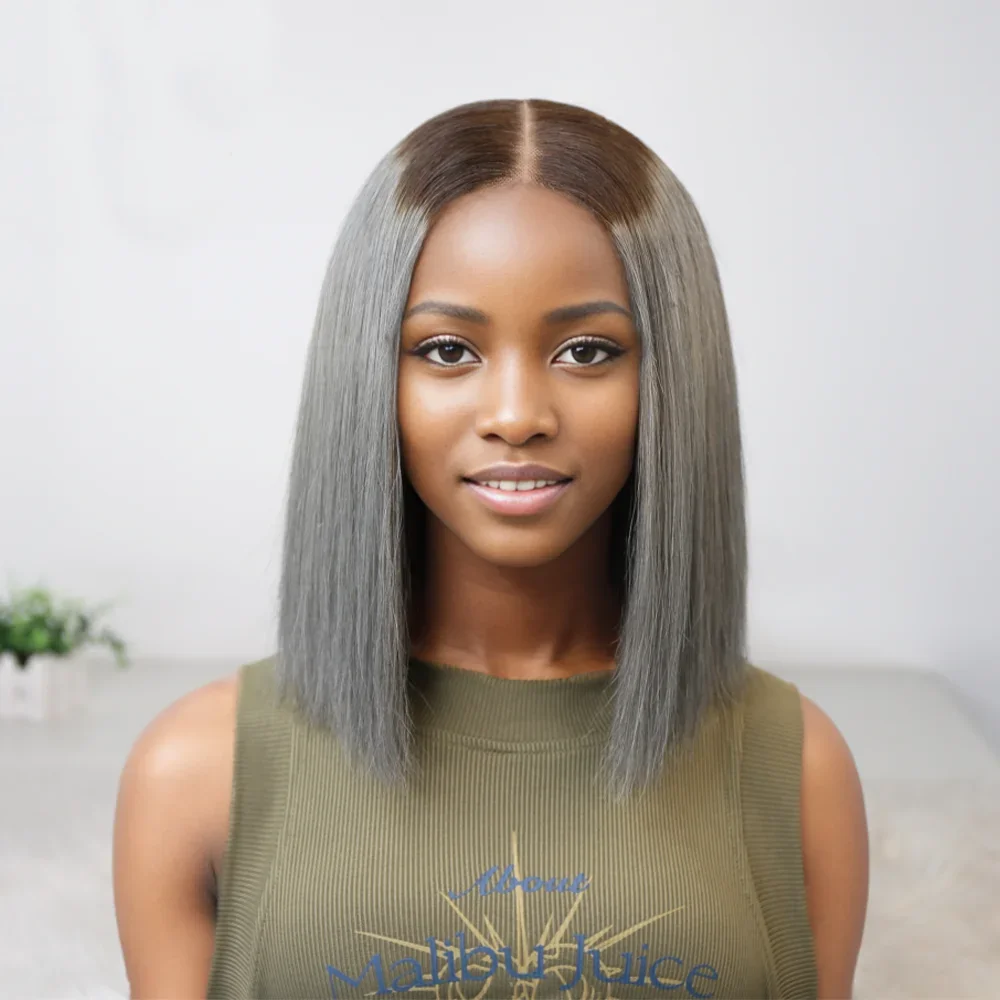 

Gray Bone Straight Vietname 2x6 Lace Closure Wig Super Double Drawn Short Bob Wig 250% Density 100% Human Hair Bob Wig For Women