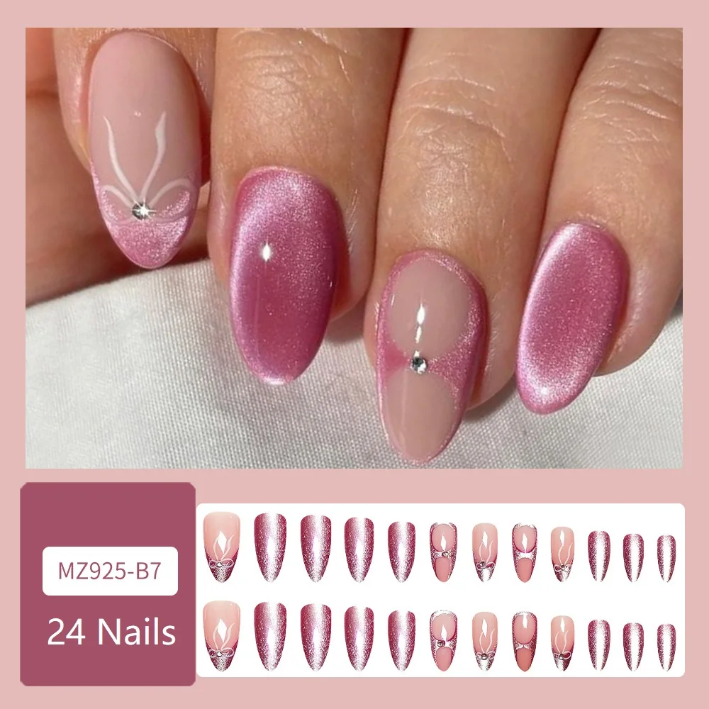 Cat's Eye Press On Nails Diamond Flash Pink Powder French Style Short Almond False Nails Sweet Summer Fake Nail Tips Almond