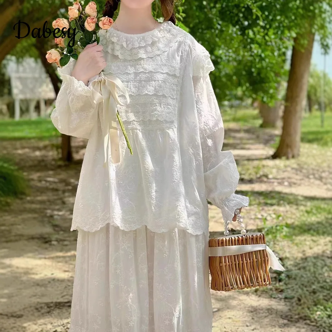 

Vintage Japanese Ruffled Cotton Linen Lace White Shirt Women Autumn Mori Long Sleeve Blouse Female Japanese Lolita Kawaii Tops