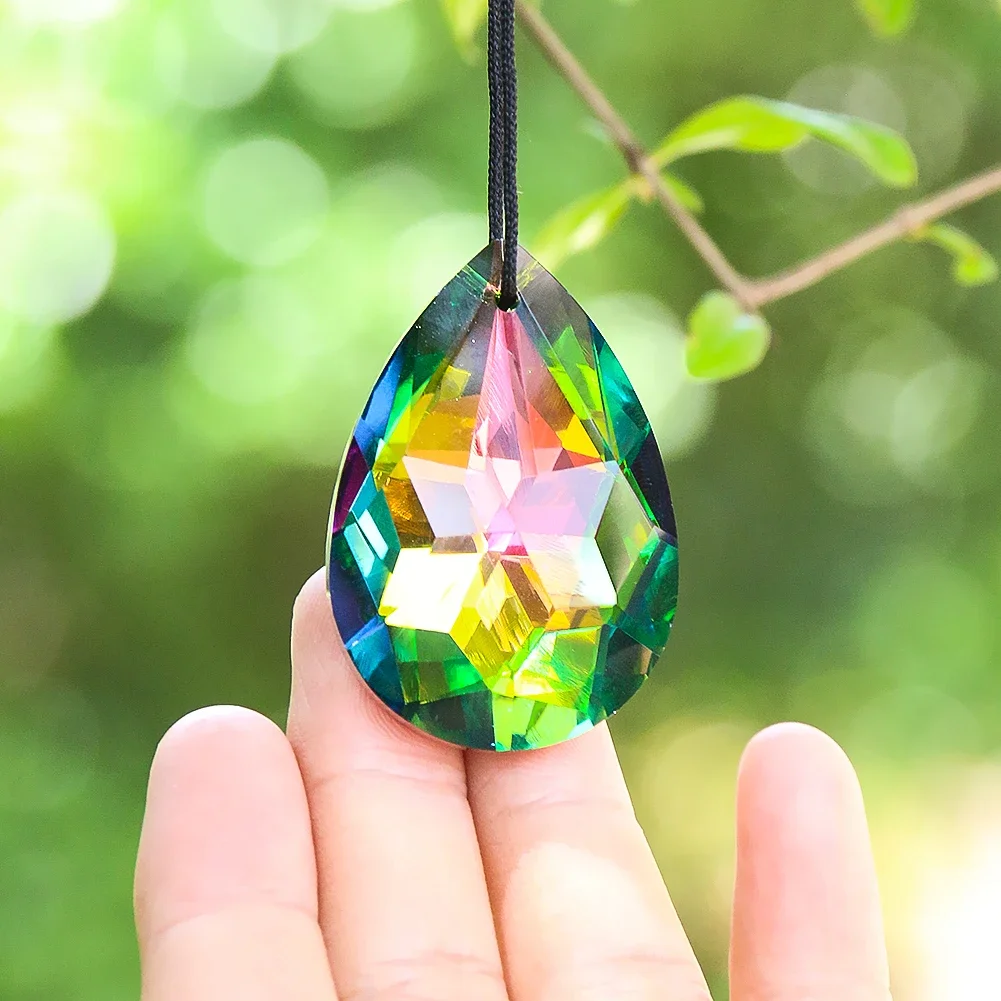50mm Crystal Suncatcher Hanging Glass Faceted Prism Chandelier Parts Aurora Teardrop Pillar Rainbow Refraction Bird Scarer