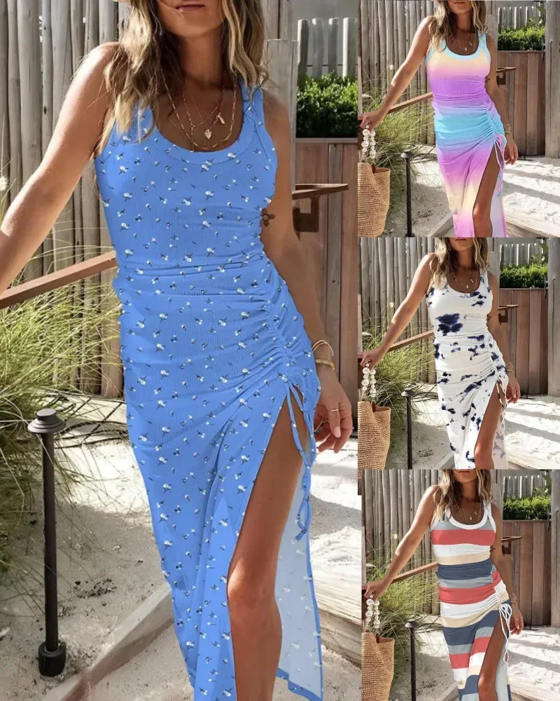 ผู้หญิงแขนกุดฤดูใบไม้ผลิฤดูร้อนชุดBodyconเอวสูงเซ็กซี่OคอSlim Skinny Dressพิมพ์