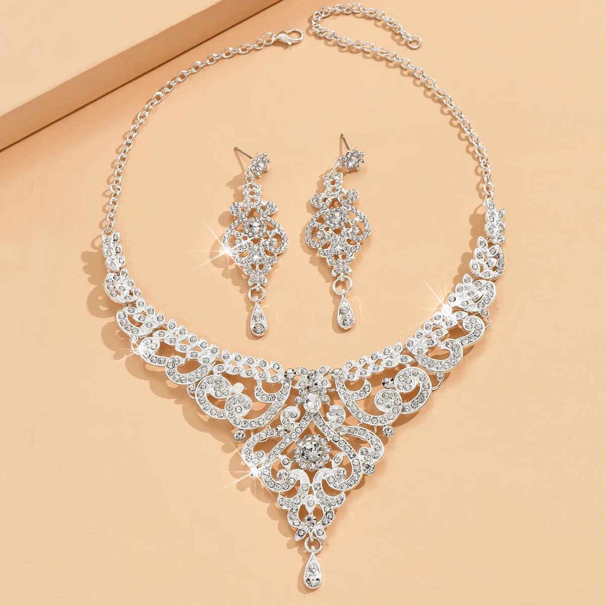 3pcs jewelry set high-end rhinestone women\'s earrings necklace wedding banquet women\'s accessories